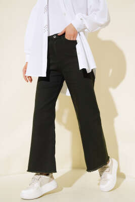 Pazarium - Kısa Püsküllü Kot Pantolon Yeşil