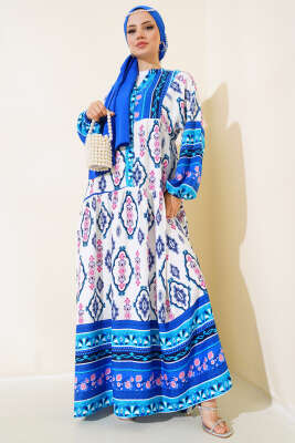 Desenli Yarım Düğmeli Elbise Beyaz Saks - Thumbnail