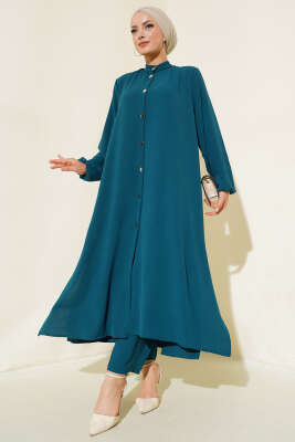 Hakim Yaka Metal Düğmeli Takım Petrol - Thumbnail