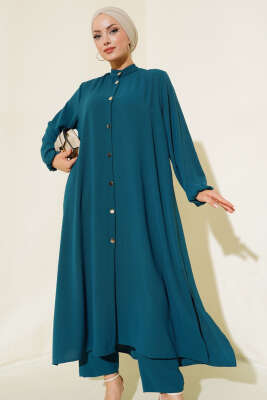 Hakim Yaka Metal Düğmeli Takım Petrol - Thumbnail