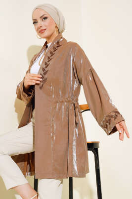 Pazarium - Nakış İşlemeli Parlak Kimono Kahve