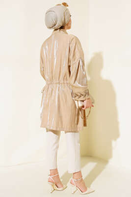 Nakış İşlemeli Parlak Kimono Bej - Thumbnail