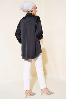 Saten Salaş Gömlek Siyah - Thumbnail