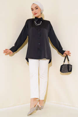 Saten Salaş Gömlek Siyah - Thumbnail