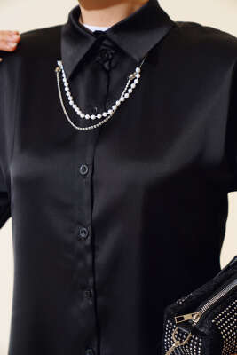 Saten Salaş Gömlek Siyah - Thumbnail