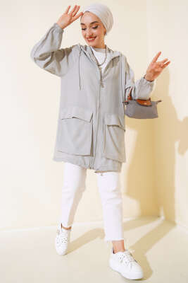 Çift Cep Kapaklı Hırka Gri - Thumbnail