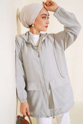 Çift Cep Kapaklı Hırka Gri - Thumbnail