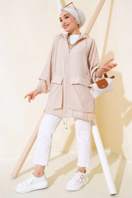 Çift Cep Kapaklı Hırka Bej - Thumbnail