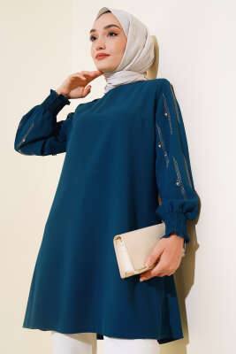 Kolu Taş Süslemeli Tunik Petrol - Thumbnail