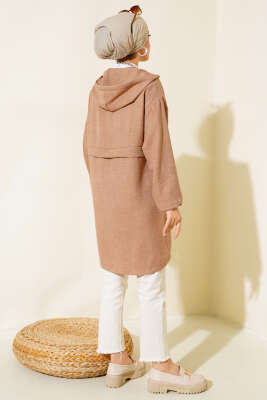 Kapüşonlu Önü Fermuarlı Hırka Latte - Thumbnail