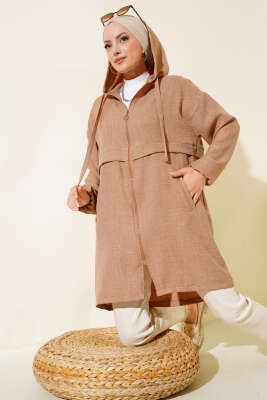 Kapüşonlu Önü Fermuarlı Hırka Latte - Thumbnail