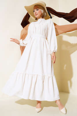 Pazarium - Kuşaklı Keten Kat Elbise Bej