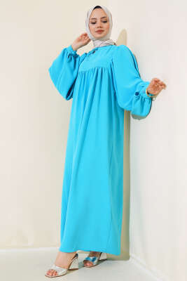 Pazarium - Yakası Bağlamalı Balon Kol Elbise Turkuaz