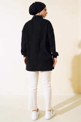 Fitilli Sweatshirt Siyah - Thumbnail