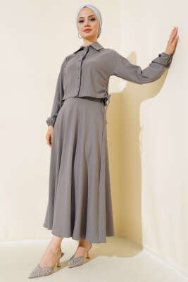 Yan Büzgülü Gömlek Etek İkili Takım Gri - Thumbnail