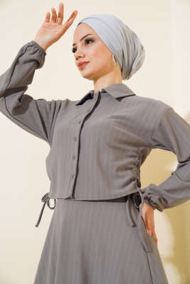 Yan Büzgülü Gömlek Etek İkili Takım Gri - Thumbnail