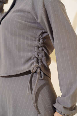 Yan Büzgülü Gömlek Etek İkili Takım Gri - Thumbnail