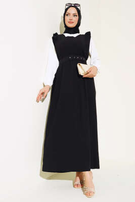 Kemerli Bürümcük Elbise İkili Takım Siyah - Thumbnail