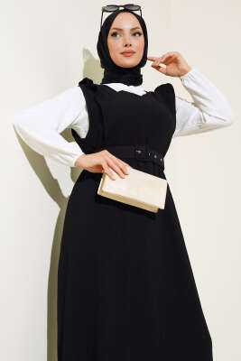 Kemerli Bürümcük Elbise İkili Takım Siyah - Thumbnail