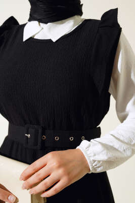 Kemerli Bürümcük Elbise İkili Takım Siyah - Thumbnail