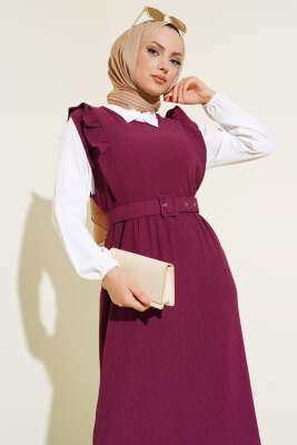 Kemerli Bürümcük Elbise İkili Takım Mürdüm - Thumbnail