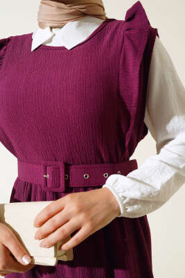 Kemerli Bürümcük Elbise İkili Takım Mürdüm - Thumbnail