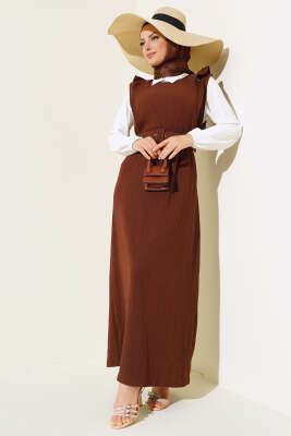 Kemerli Bürümcük Elbise İkili Takım Kahve - Thumbnail