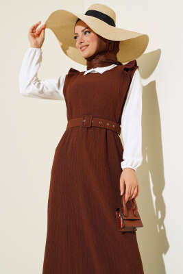 Kemerli Bürümcük Elbise İkili Takım Kahve - Thumbnail