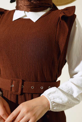 Kemerli Bürümcük Elbise İkili Takım Kahve - Thumbnail