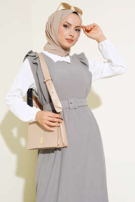 Kemerli Bürümcük Elbise İkili Takım Gri - Thumbnail