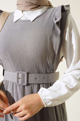 Kemerli Bürümcük Elbise İkili Takım Gri - Thumbnail