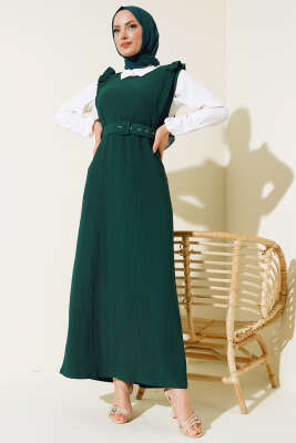 Kemerli Bürümcük Elbise İkili Takım Zümrüt - Thumbnail
