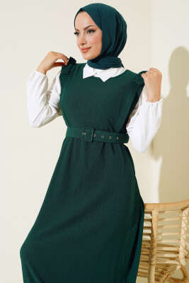 Kemerli Bürümcük Elbise İkili Takım Zümrüt - Thumbnail