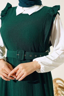 Kemerli Bürümcük Elbise İkili Takım Zümrüt - Thumbnail