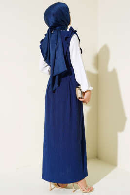 Kemerli Bürümcük Elbise İkili Takım İndigo - Thumbnail