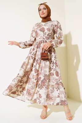 Yaprak Desen Keten Elbise Kahve - Thumbnail