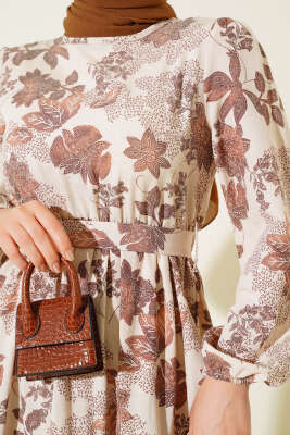 Yaprak Desen Keten Elbise Kahve - Thumbnail