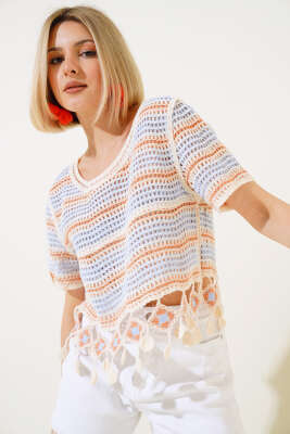 Pazarium - File Dantelli Bluz Oranj