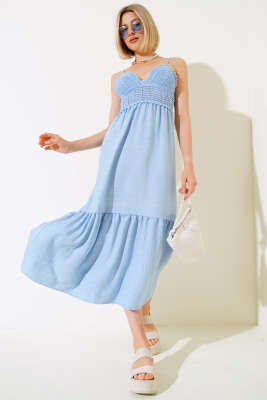 Pazarium - Örgü Askılı Elbise Mavi