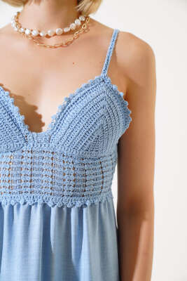 Örgü Askılı Elbise Mavi - Thumbnail