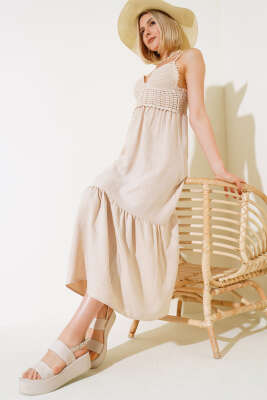 Örgü Askılı Elbise Bej - Thumbnail