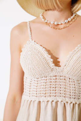 Örgü Askılı Elbise Bej - Thumbnail