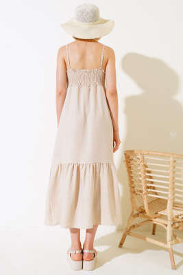 Örgü Askılı Elbise Bej - Thumbnail