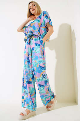 Pazarium - Karışık Desen Saten İkili Takım Mint