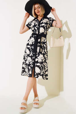 Pazarium - Gömlek Yaka Midi Elbise Siyah