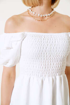 Kare Yaka Gipeli Elbise Ekru - Thumbnail