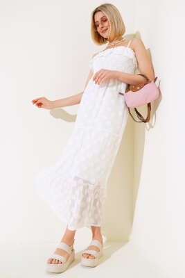 Pazarium - Askılı Gipeli Elbise Ekru