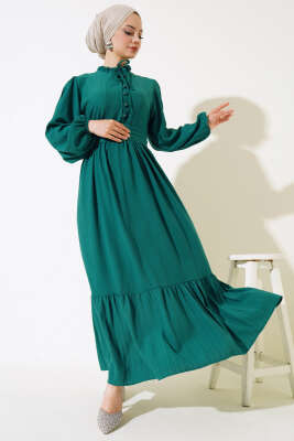 Yarım Düğmeli Kuşaklı Elbise Zümrüt - Thumbnail