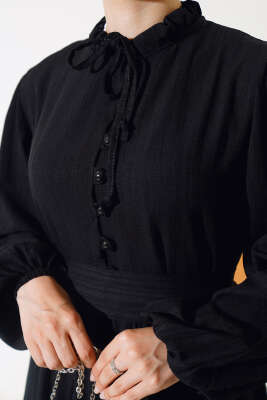 Yarım Düğmeli Kuşaklı Elbise Siyah - Thumbnail