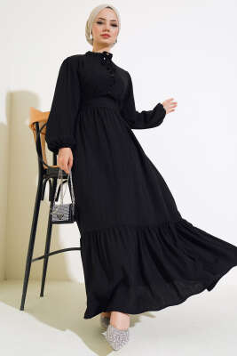 Yarım Düğmeli Kuşaklı Elbise Siyah - Thumbnail